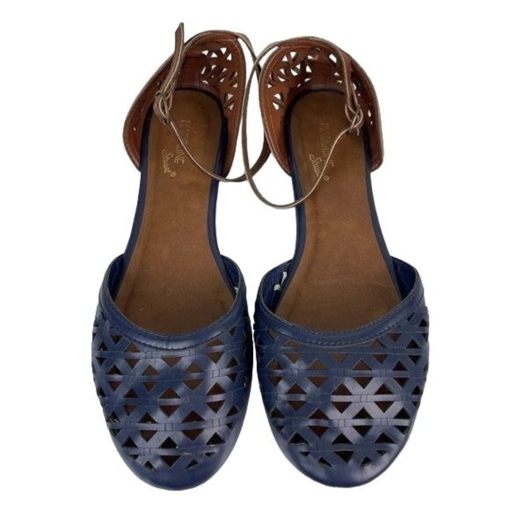 Madeline Stuart Navy & Brown Ankle Wrap Sandal Flats, Sz 9w